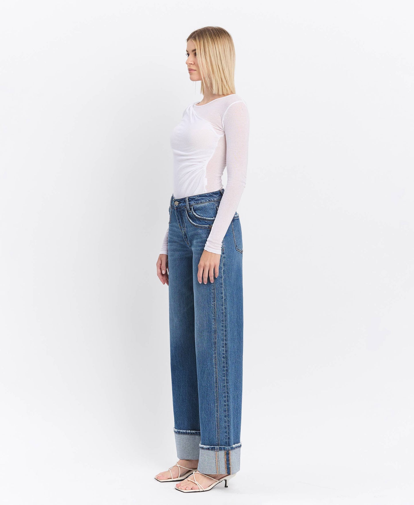 VERVET by FLYING MONKEY - HIGH RISE CUFFED PANEL BAGGY WIDE JEANS T6645
