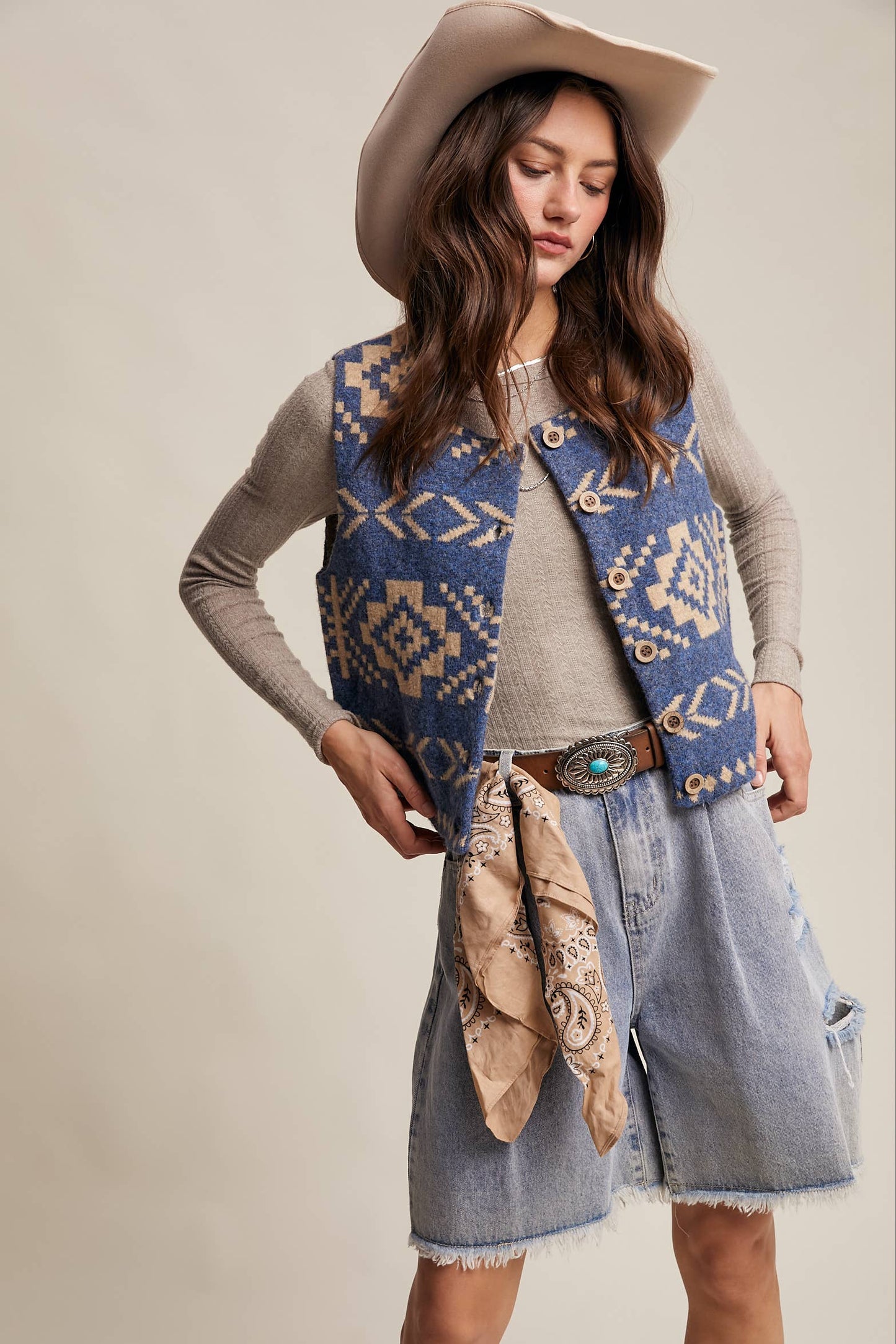 Listicle - Southwestern Button-Up Wool Vest: Amber Brown / M