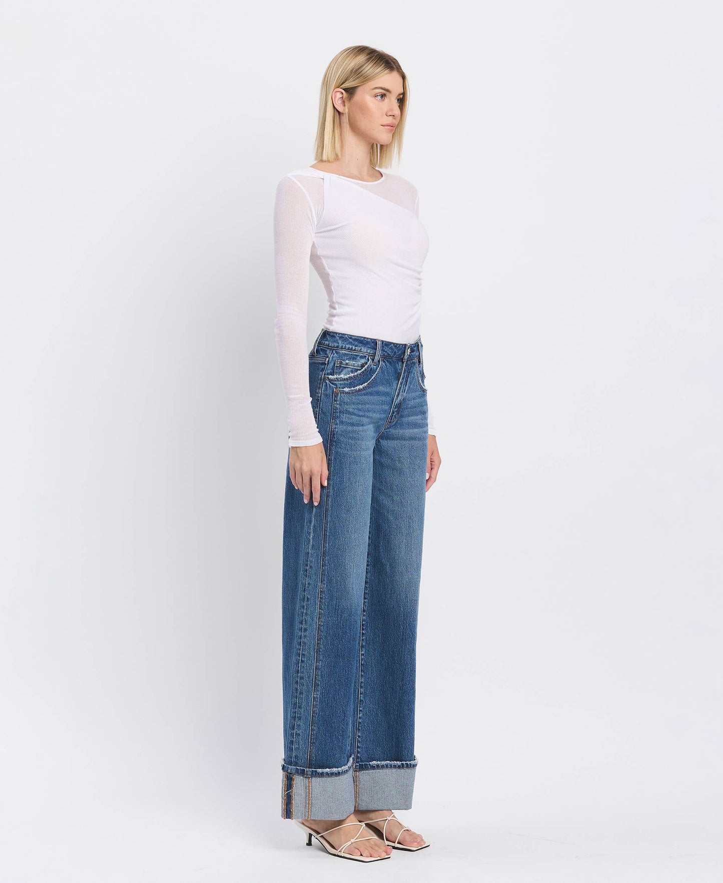 VERVET by FLYING MONKEY - HIGH RISE CUFFED PANEL BAGGY WIDE JEANS T6645