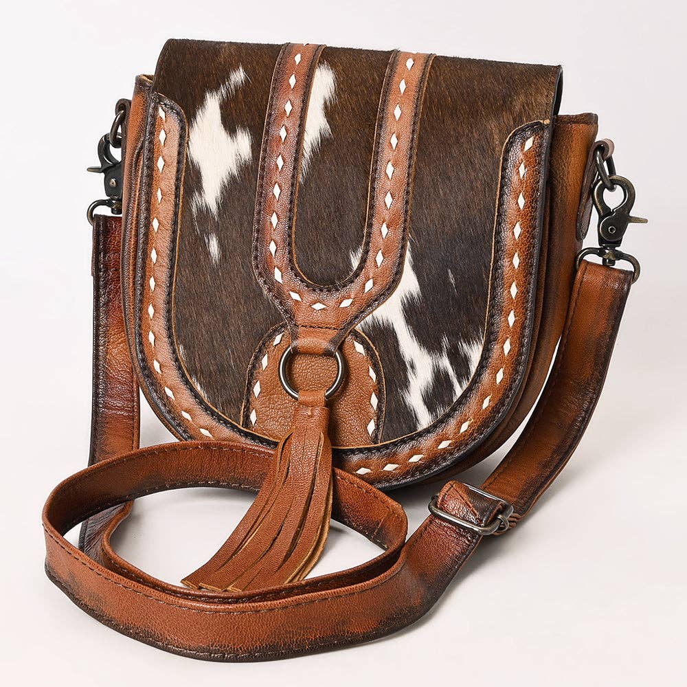 Western Genuine Leather Hair-On Cowhide Cross Body Bag with Tassel Detail