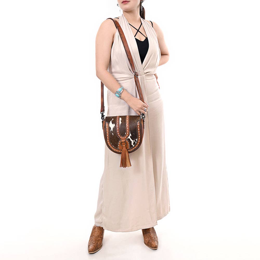 Western Genuine Leather Hair-On Cowhide Cross Body Bag with Tassel Detail