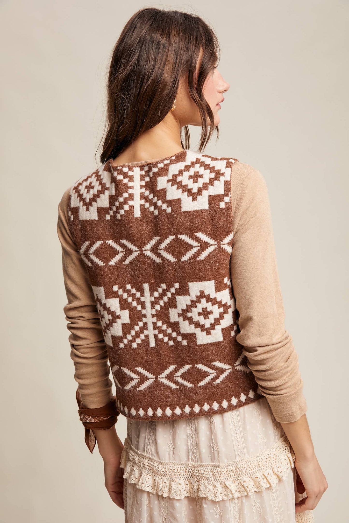 Listicle - Southwestern Button-Up Wool Vest: Amber Brown / M