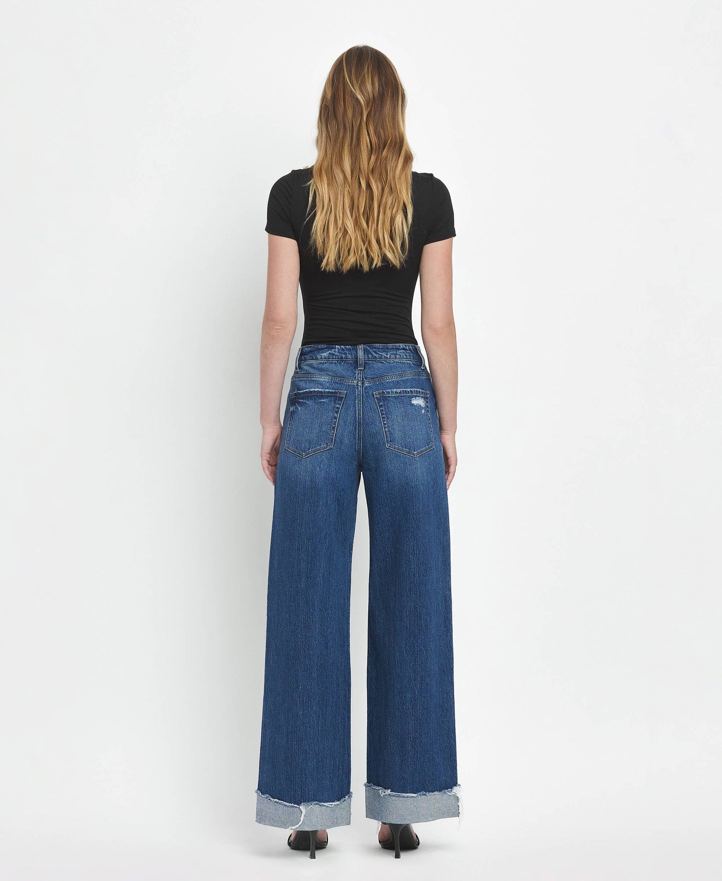 VERVET by FLYING MONKEY - SUPER HIGH RISE CUFFED BAGGY WIDE LEG JEANS T6614