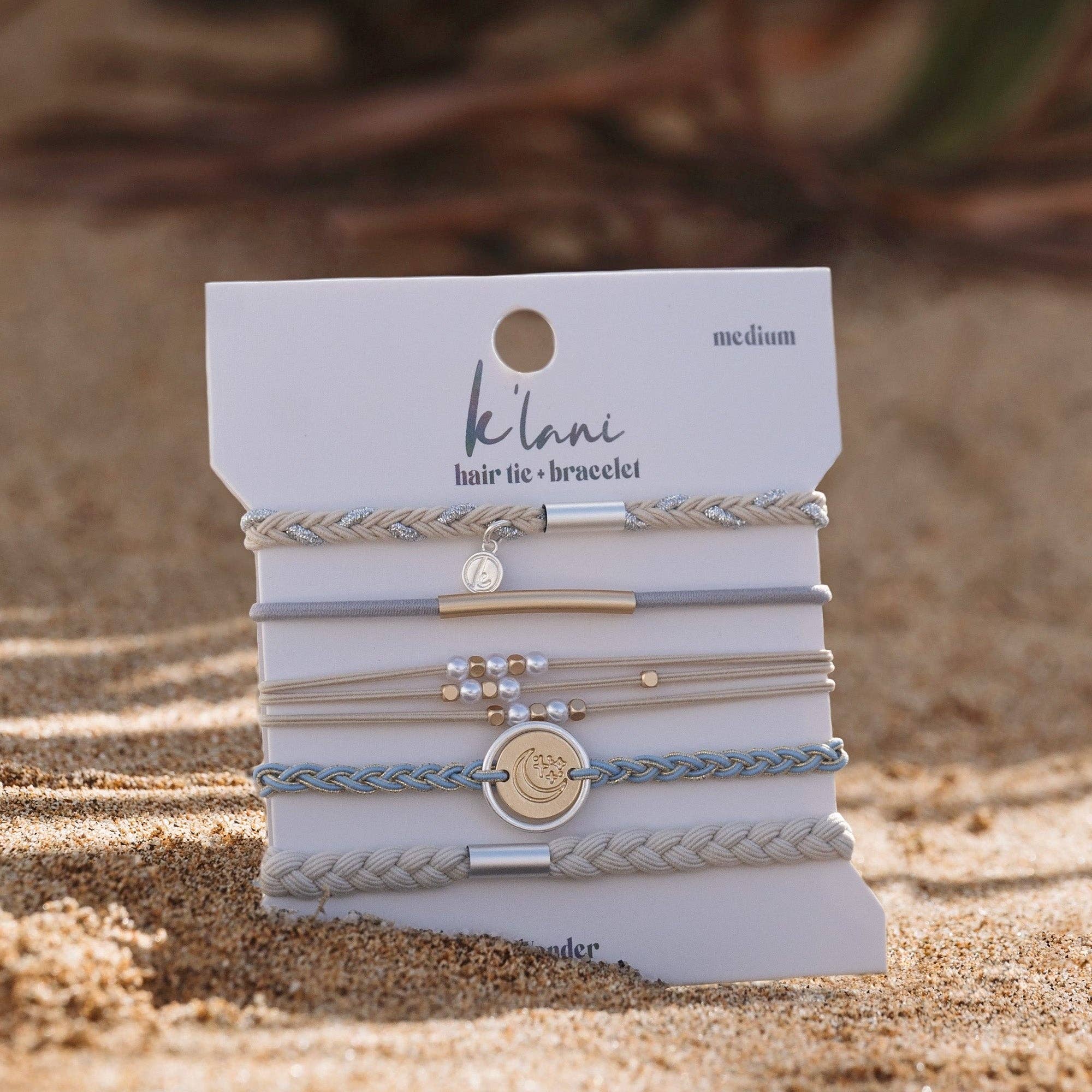 K'lani hair tie bracelets - "Wonder" Soft Creams and Blues with Pearls and Gold Hair Tie Bracelets