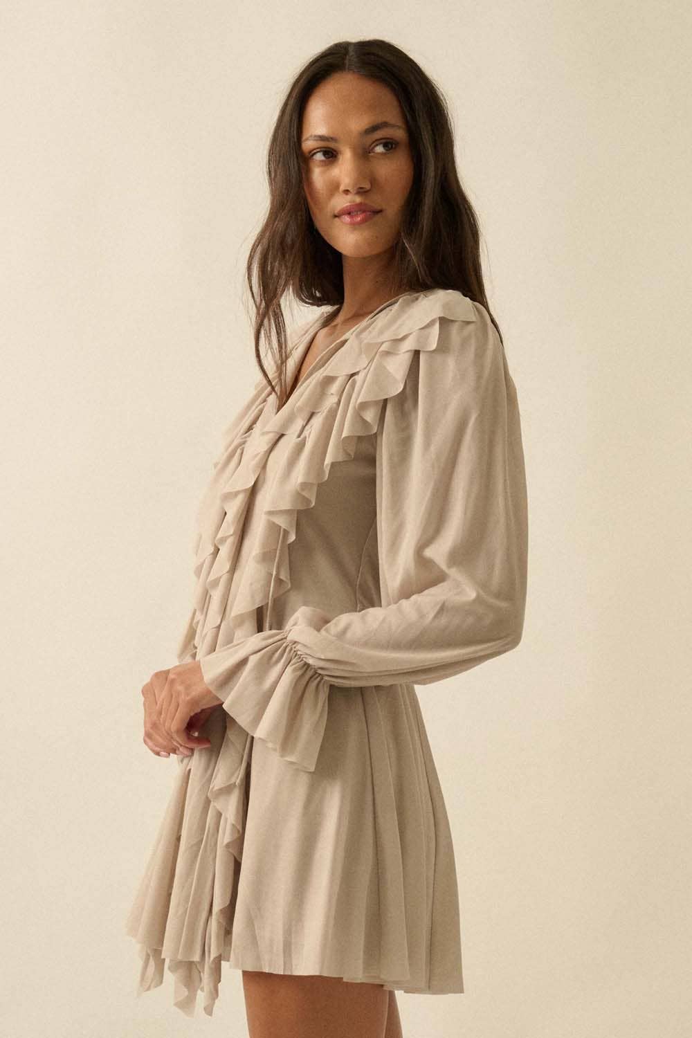 Cascade Ruffles Trumpet-Sleeve Knit Romper