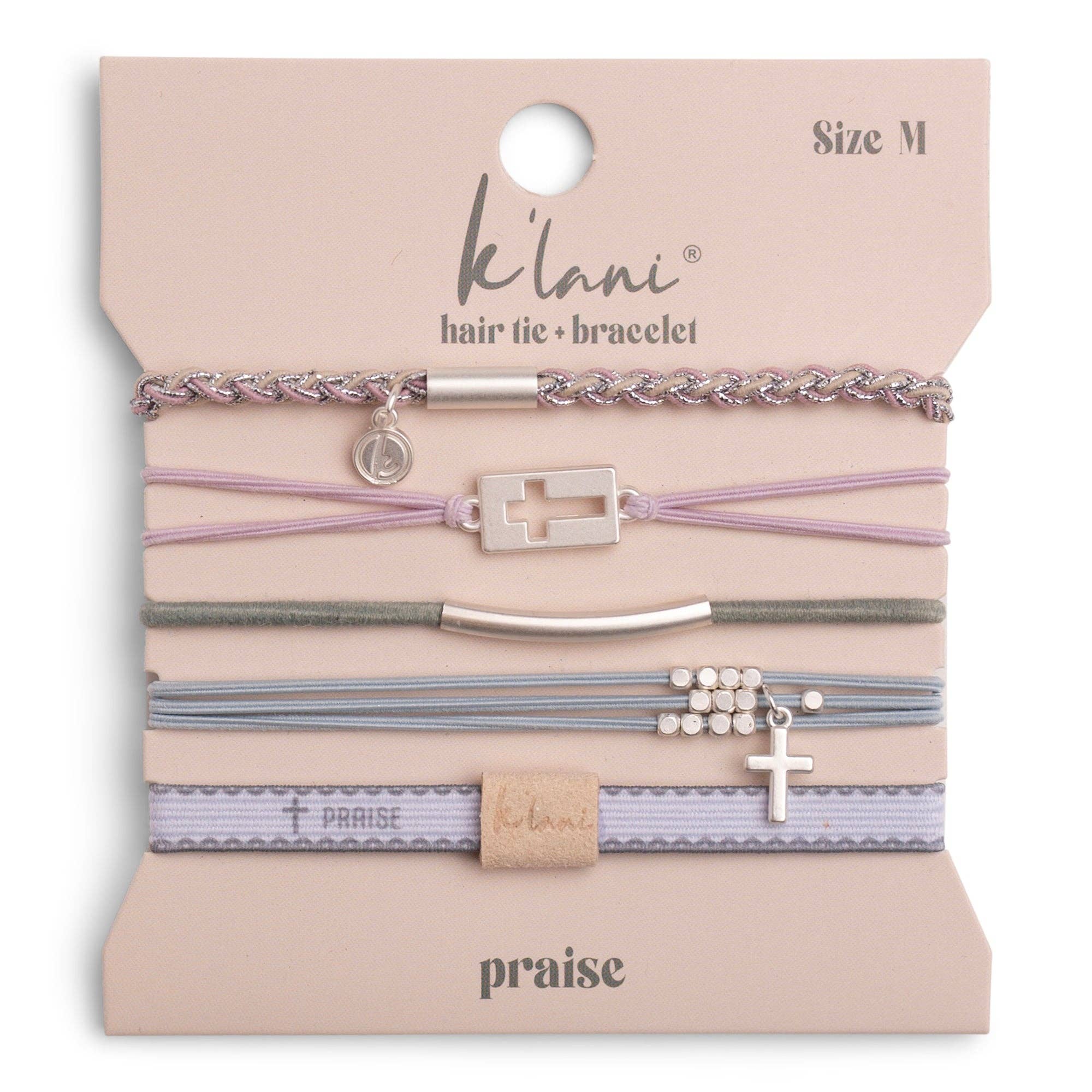 K'lani hair tie bracelets - "Praise" Silver Cross with muted Pastels Hair Tie Bracelets