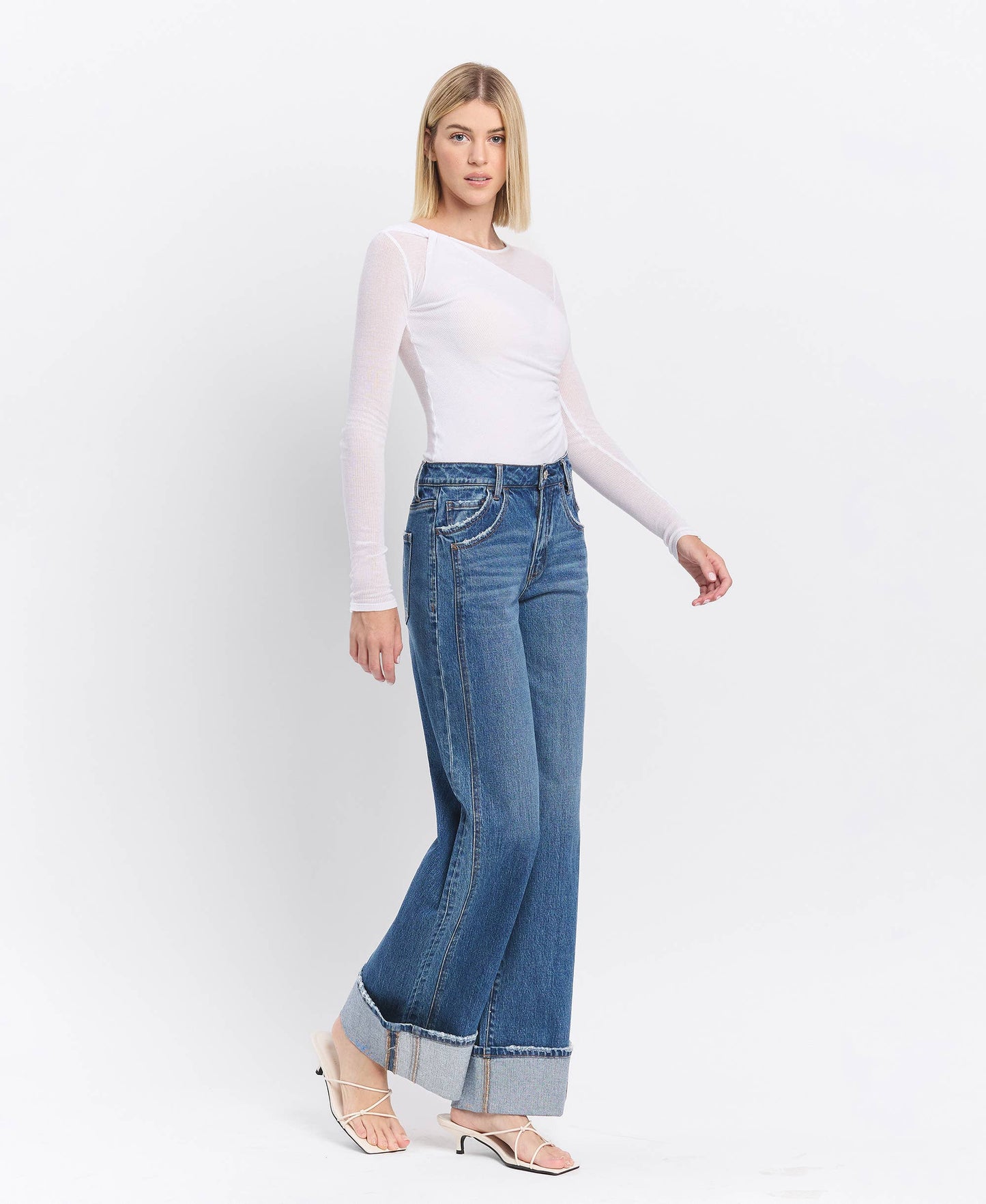 VERVET by FLYING MONKEY - HIGH RISE CUFFED PANEL BAGGY WIDE JEANS T6645