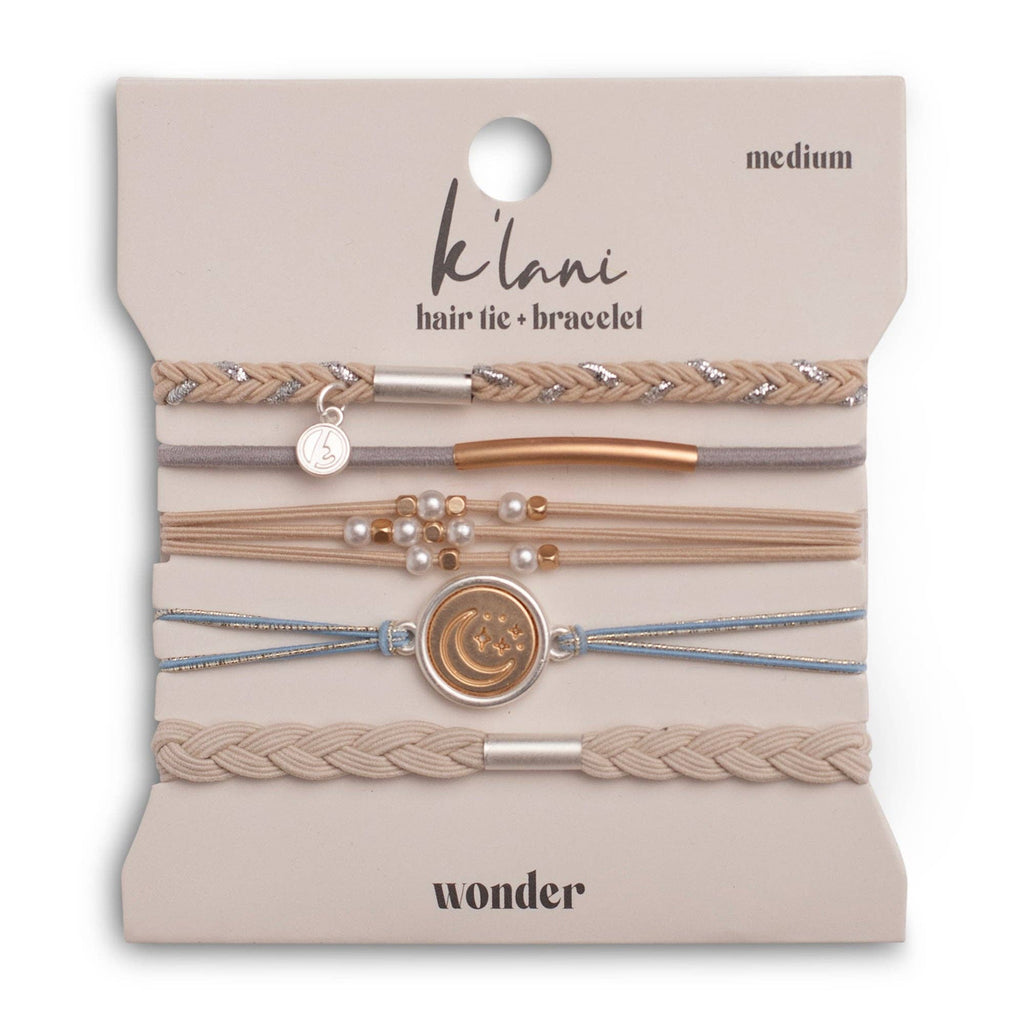 K'lani hair tie bracelets - "Wonder" Soft Creams and Blues with Pearls and Gold Hair Tie Bracelets