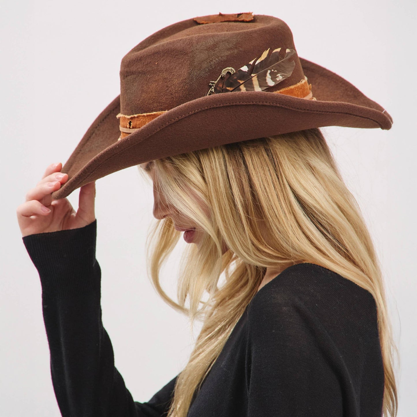 Distressed Band with Feather Cowgirl Fedora Hat
