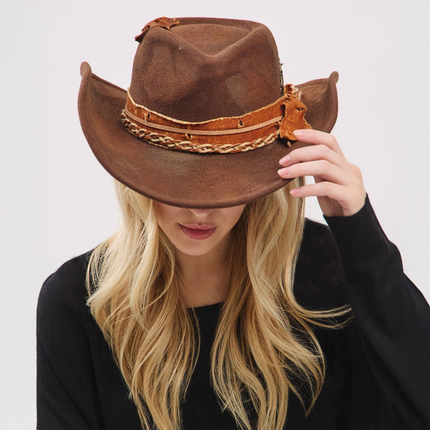 Distressed Band with Feather Cowgirl Fedora Hat