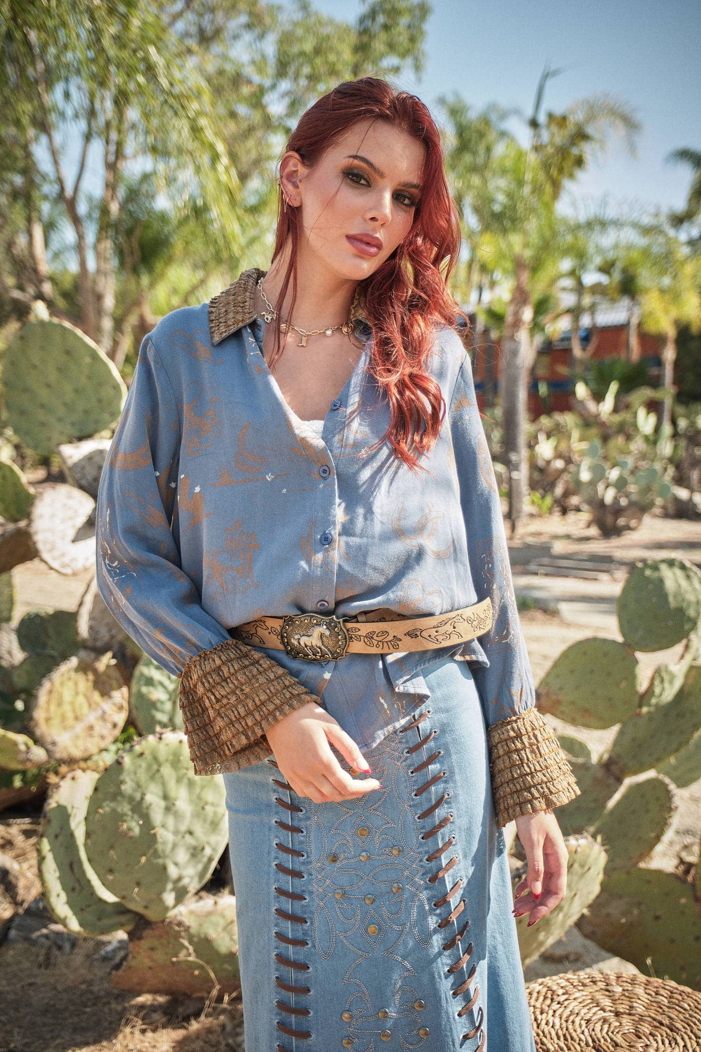 Blue B - 37124T - Western Printed Ruffle Cuff Shirt: TAUPE / S