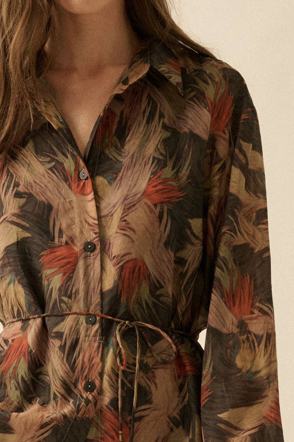 Abstract-Print Belted Button-Up Shirt Romper