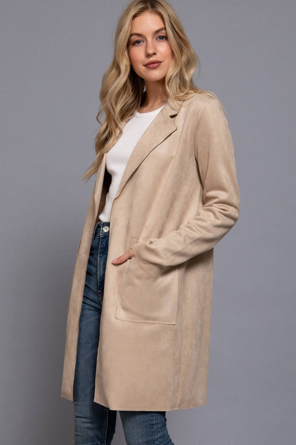 Long Sleeve Open Front Faux Suede Jacket