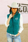 Teal Puffer W Aztec Lining Boot Stitch Detail Vest