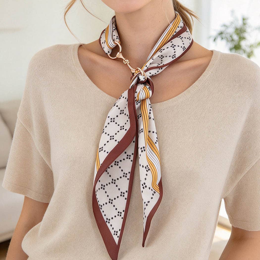 3AM BY H&D ACCESSORIES - Elegant Horsebit Accent Geometric Satin Scarf Tie