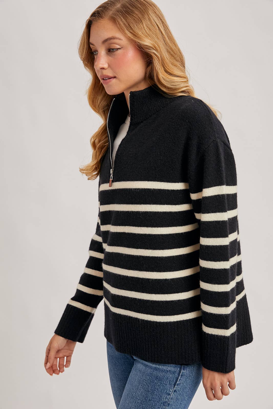 QUARTER ZIP UP STRIPE SWEATER PULLOVER