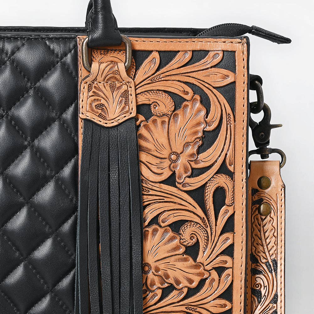 Cowhide & Hand-Tooled Leather Tote | Fringe Shoulder Bag