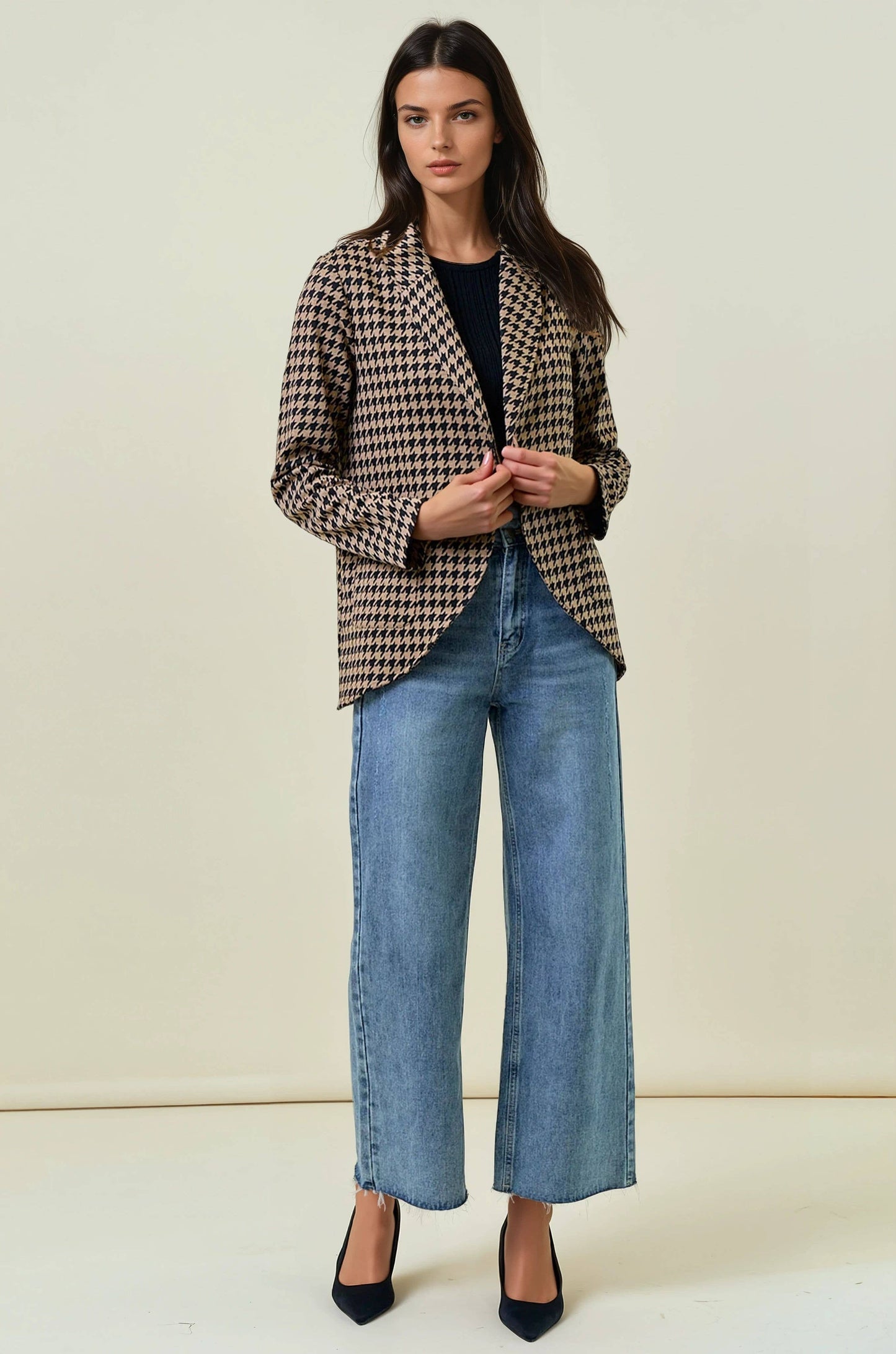 Doe and Rae - HOUNDSTOOTH JACQUARD SHAWL NECK BLAZER JACKET - 10706J: MOCHA/BLACK / S