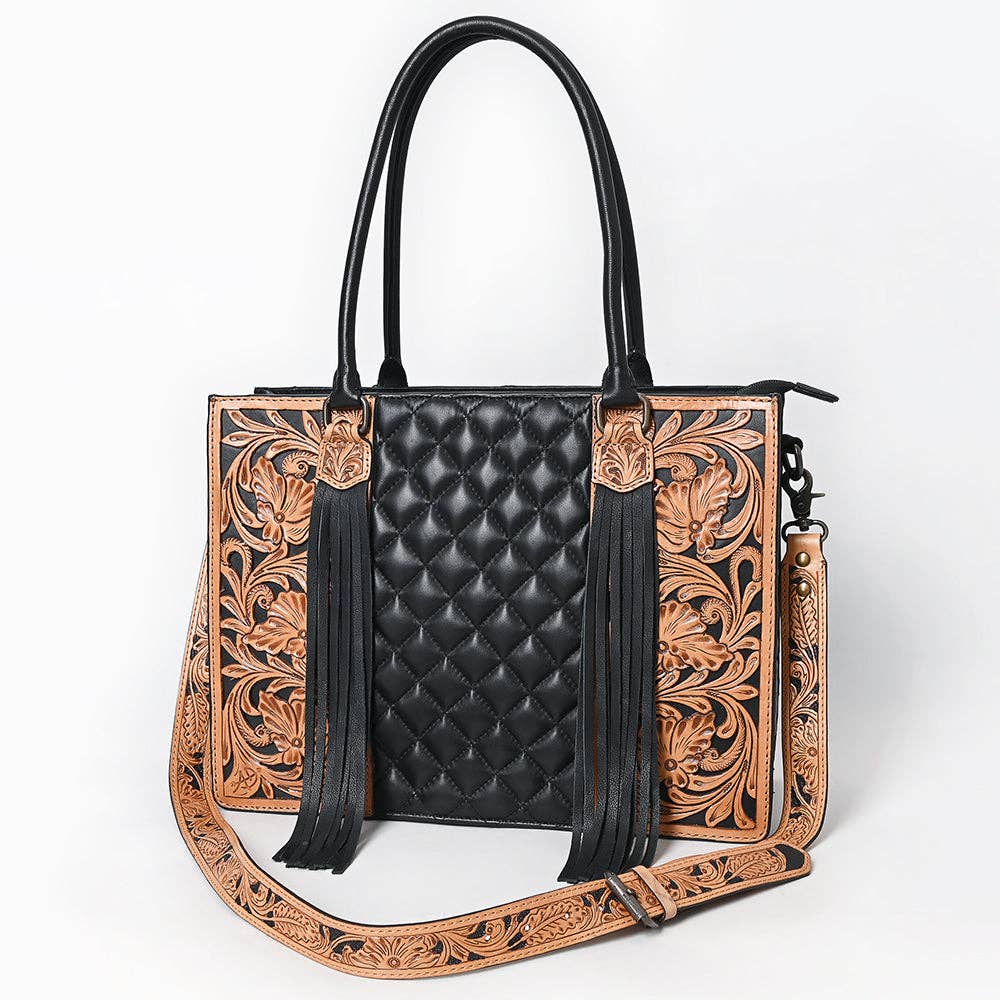 Cowhide & Hand-Tooled Leather Tote | Fringe Shoulder Bag