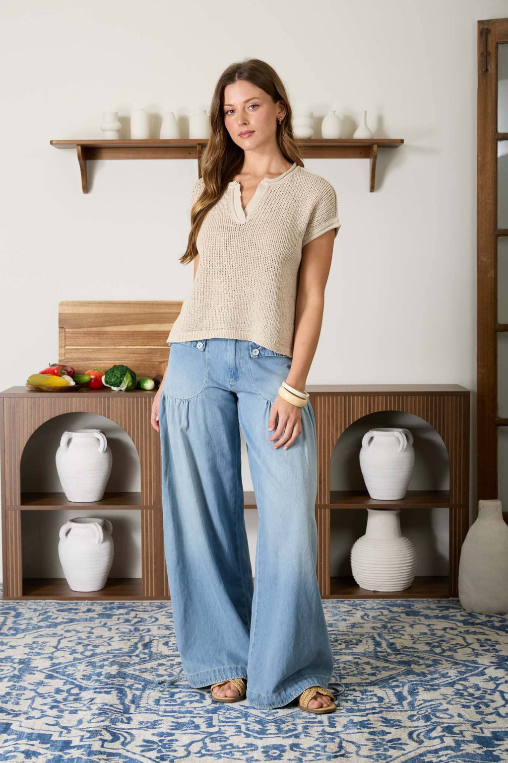 SPLIT NECK RAW EDGE SHORT SLEEVE SHEER KNIT TOP