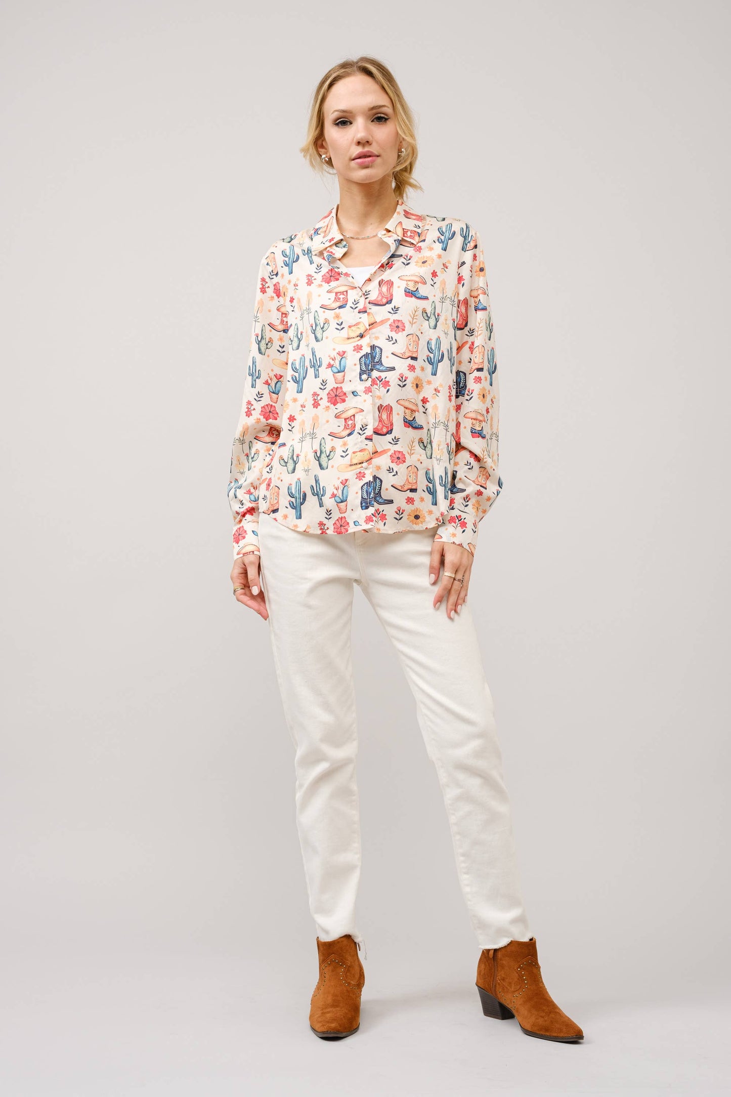 Western Motif Print Button Up Shirt