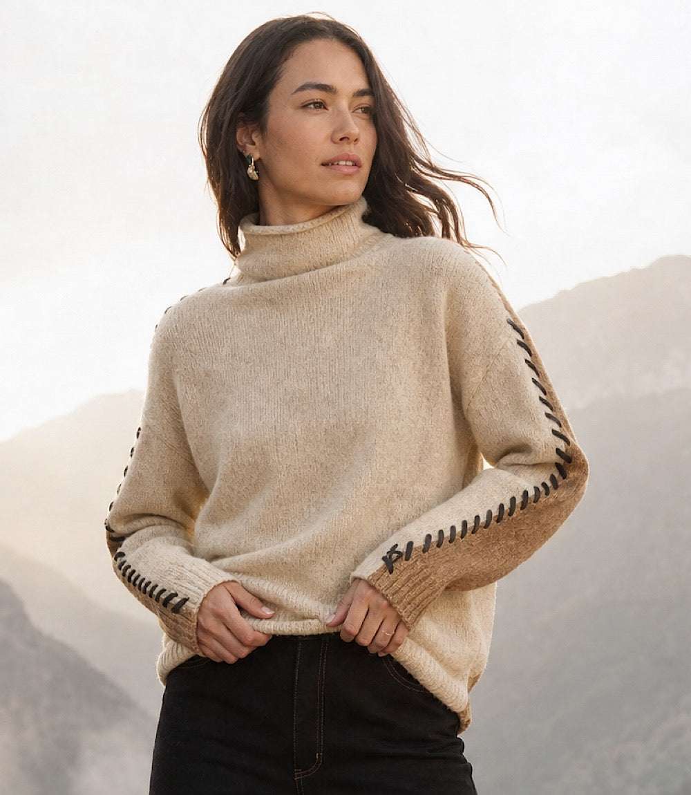 Contrast Stitch Mock Neck Colorblock Sweater