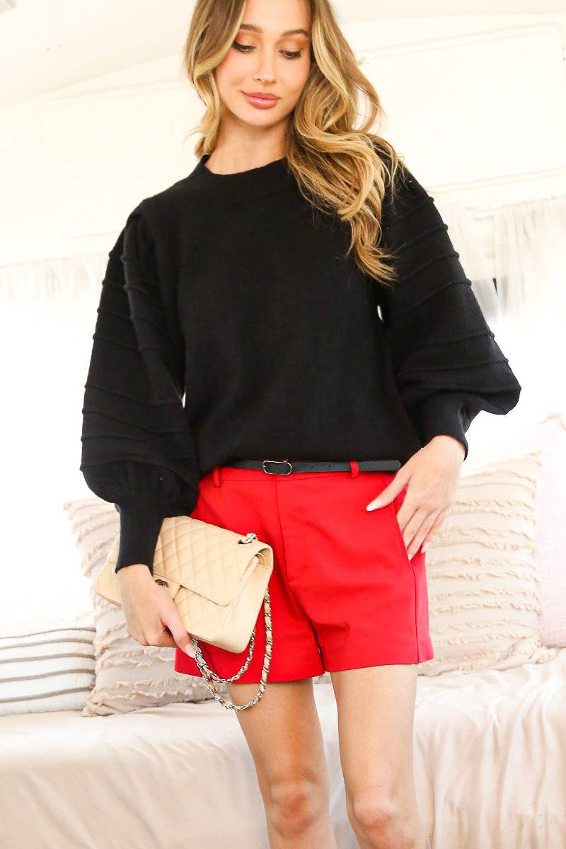 Crew Neck Textured Puff Sleeve Knitted Sweater Top