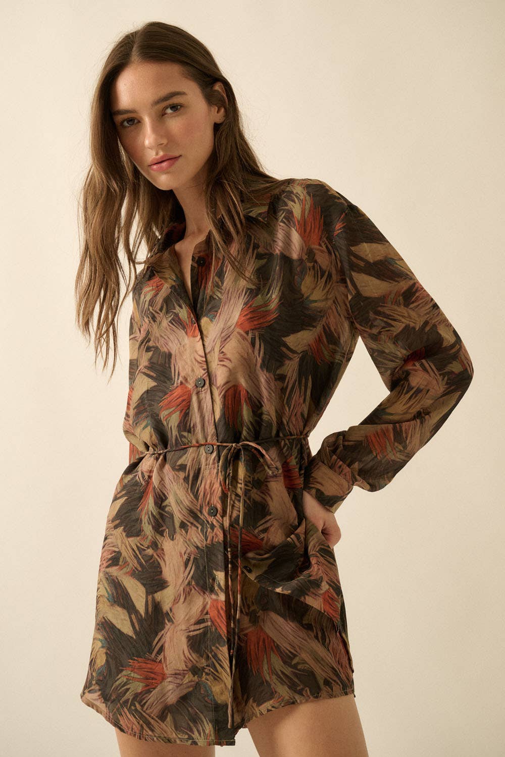 Abstract-Print Belted Button-Up Shirt Romper