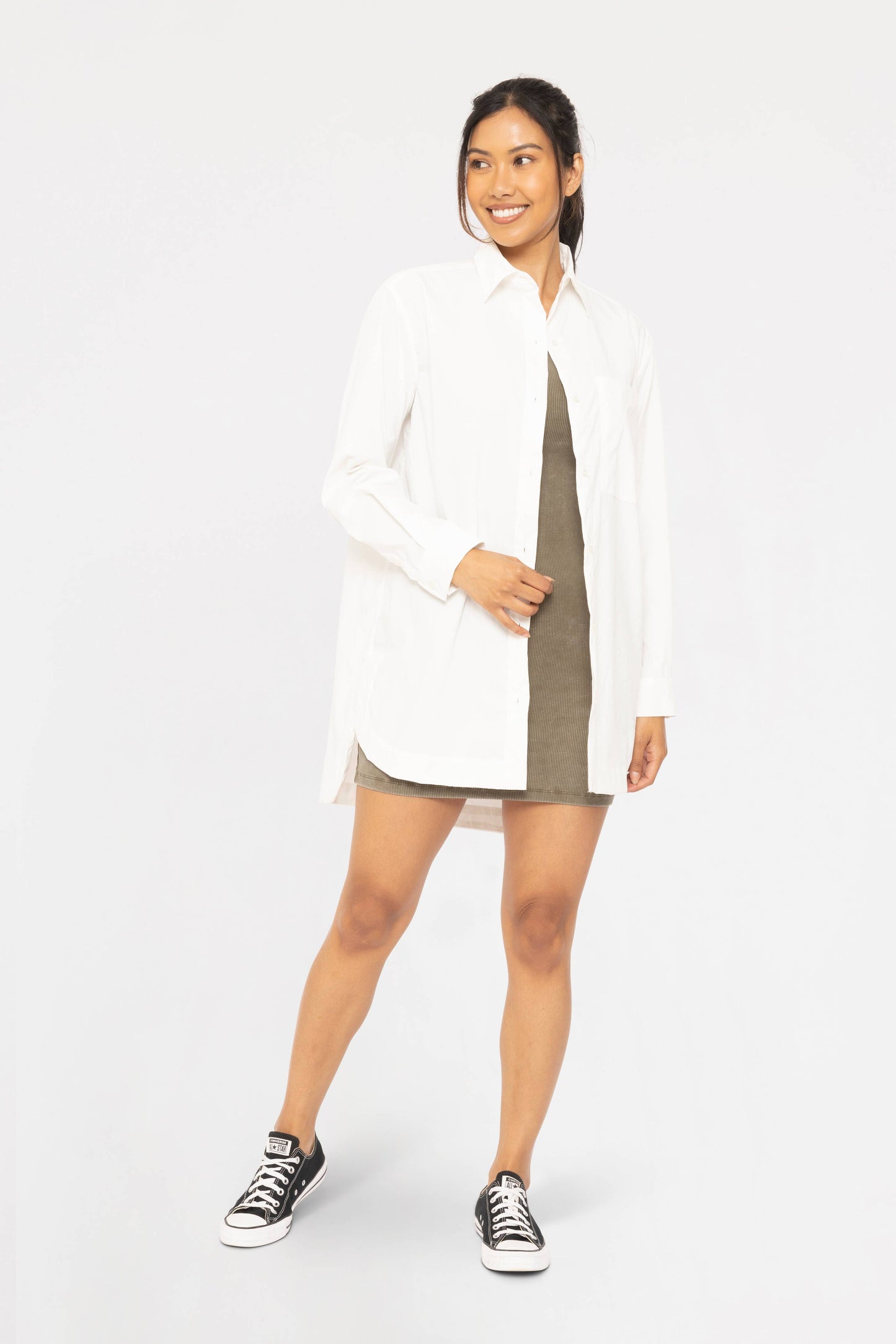 Mono B - Classic Oversized Button-Up Shirt: White