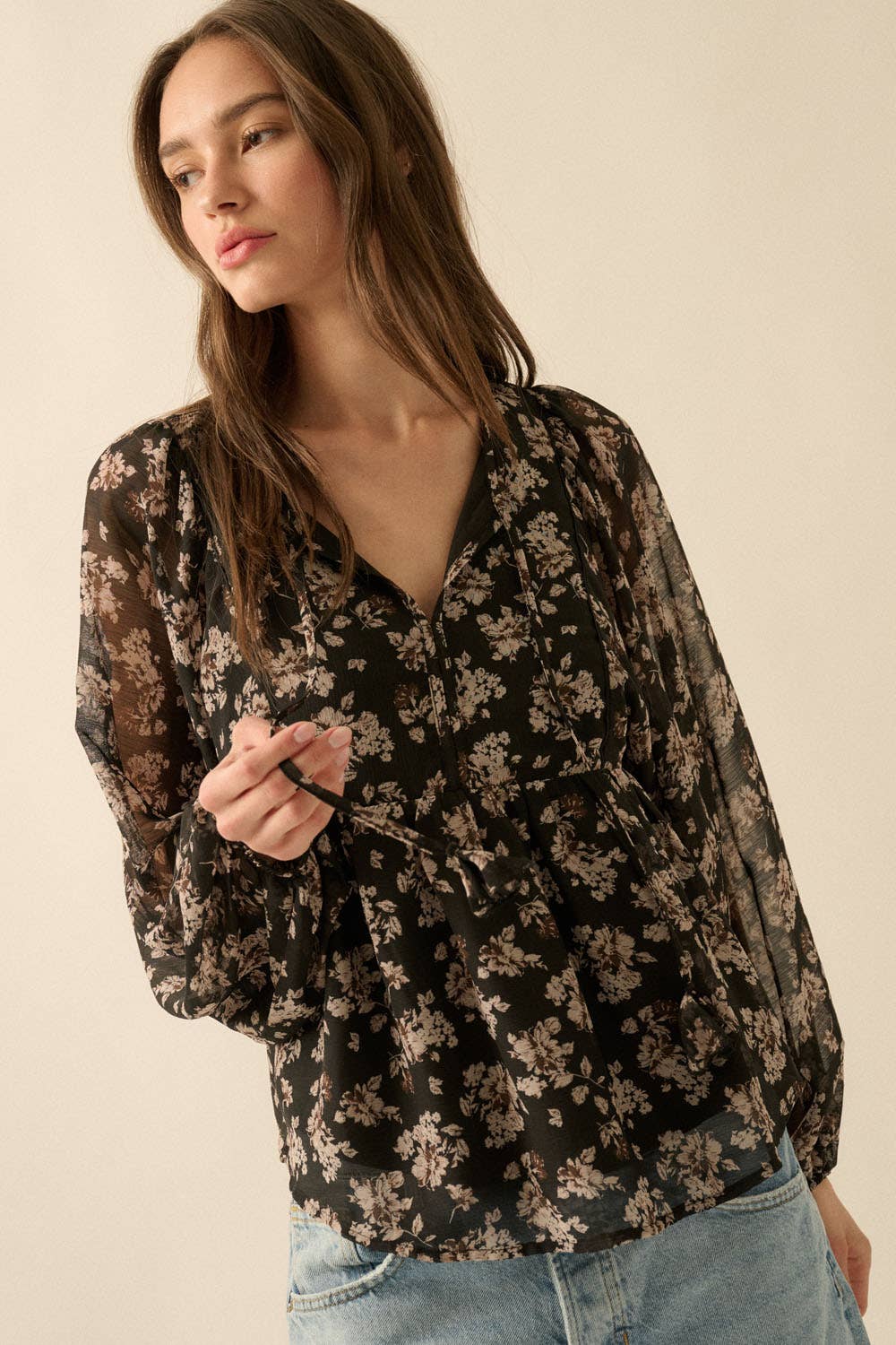 Floral Chiffon Tie-Neck Babydoll Peasant Top