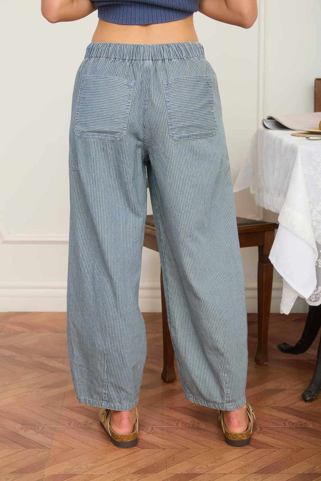 STRIPE DENIM WAIST TIE PARACHUTE PANTS