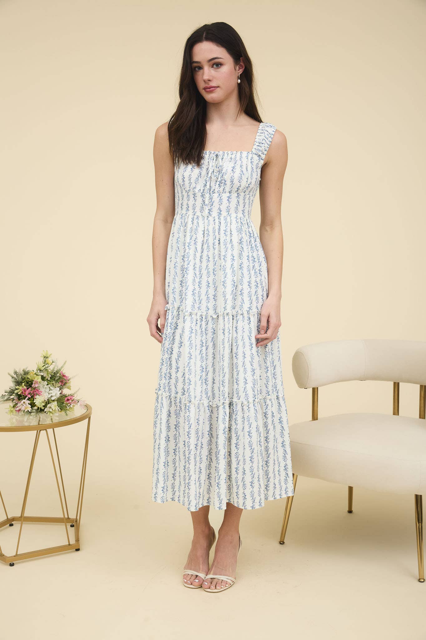 FLORAL STRIPE RUFFLE DETAIL MAXI DRESS: BLUE MULTI