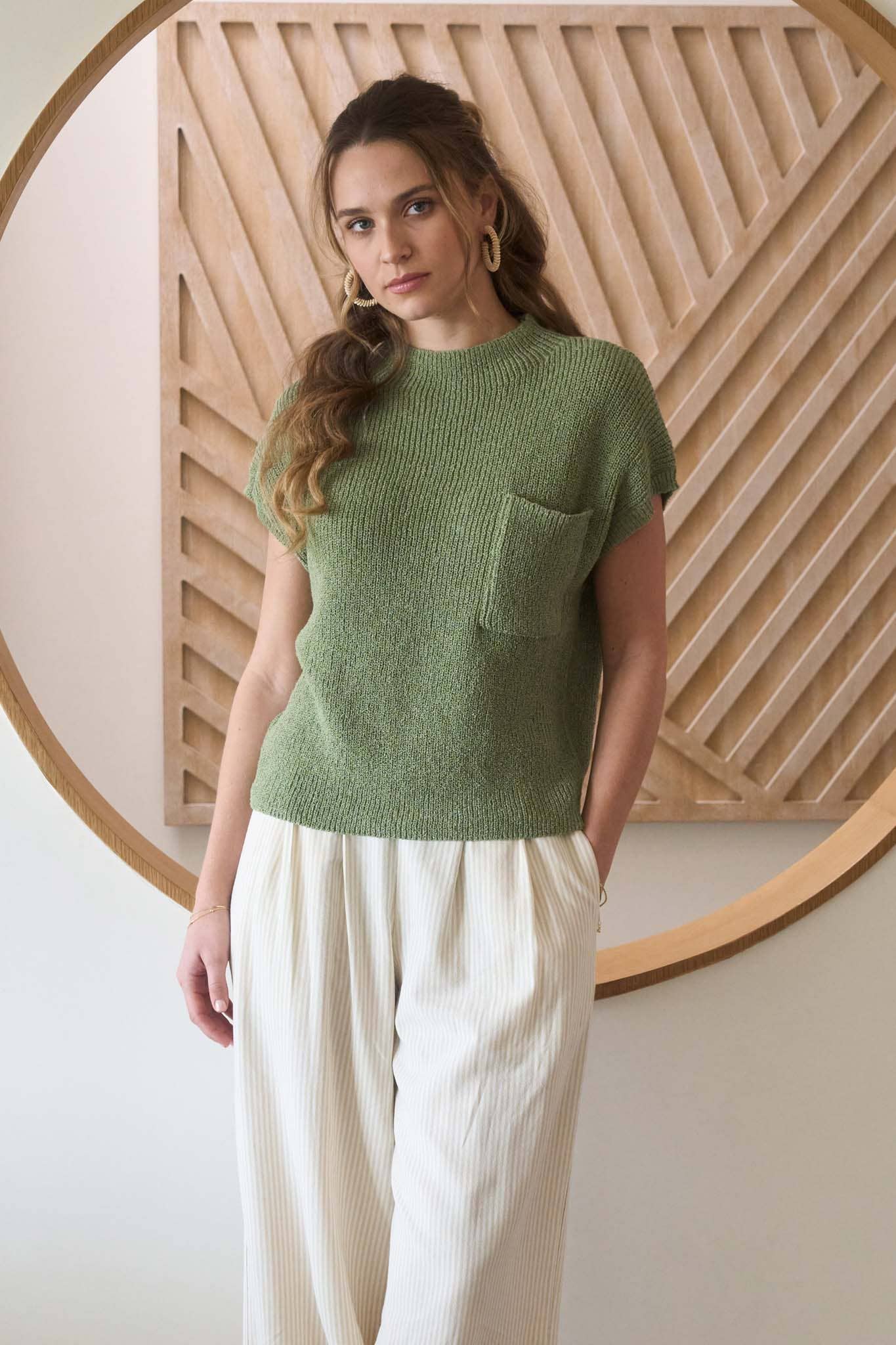MOCK NECK SHORT SLEEVE POCKET DETAIL SWEATER TOP