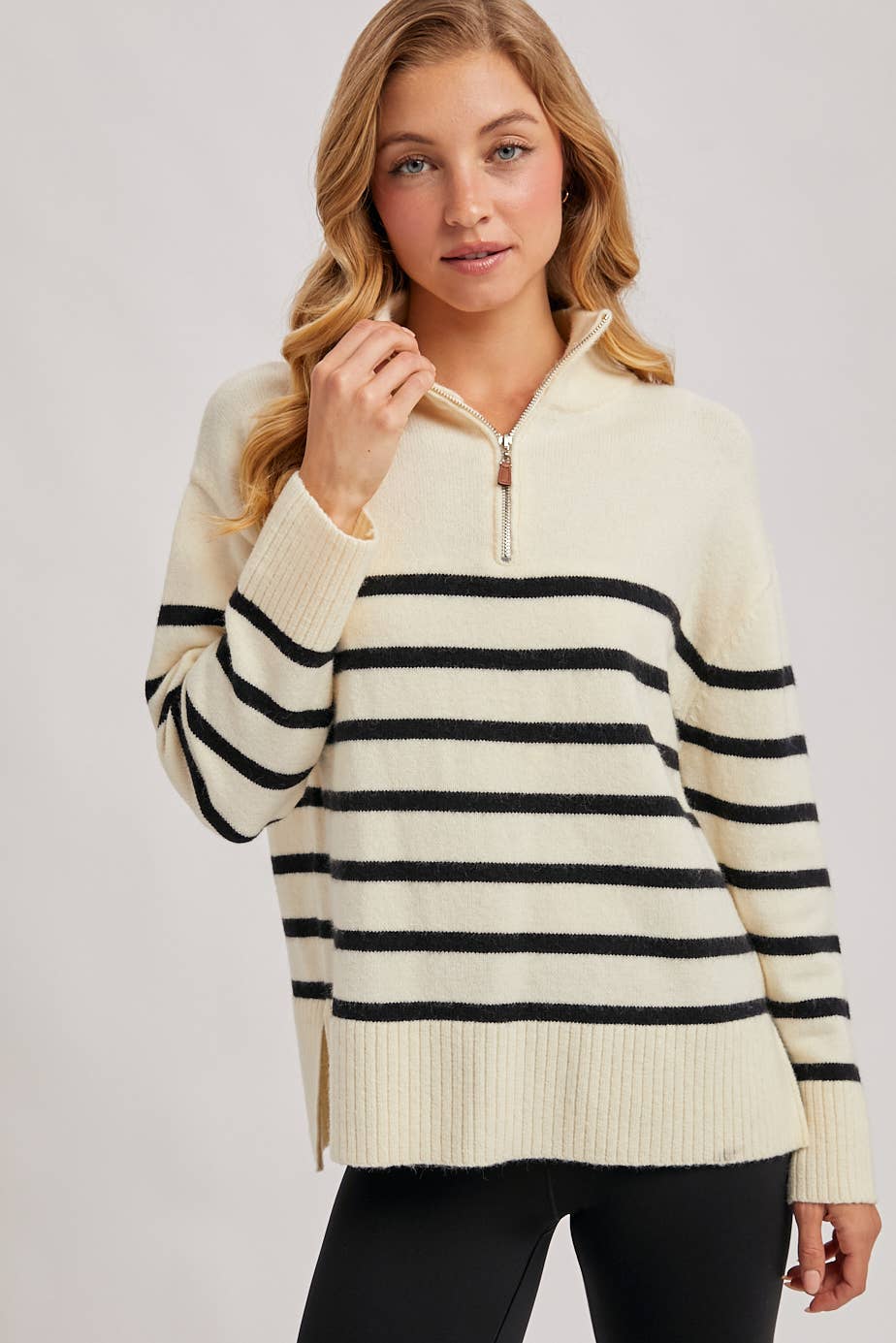 QUARTER ZIP UP STRIPE SWEATER PULLOVER