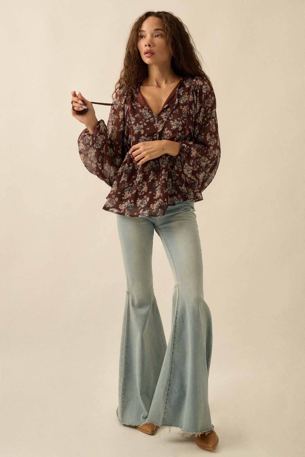 Floral Chiffon Tie-Neck Babydoll Peasant Top