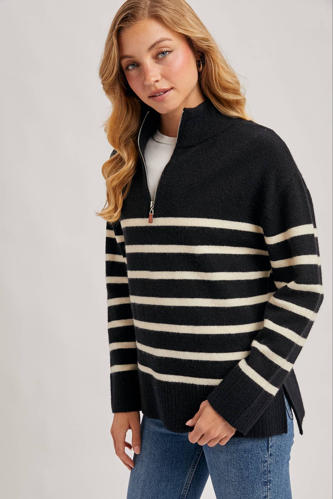 QUARTER ZIP UP STRIPE SWEATER PULLOVER