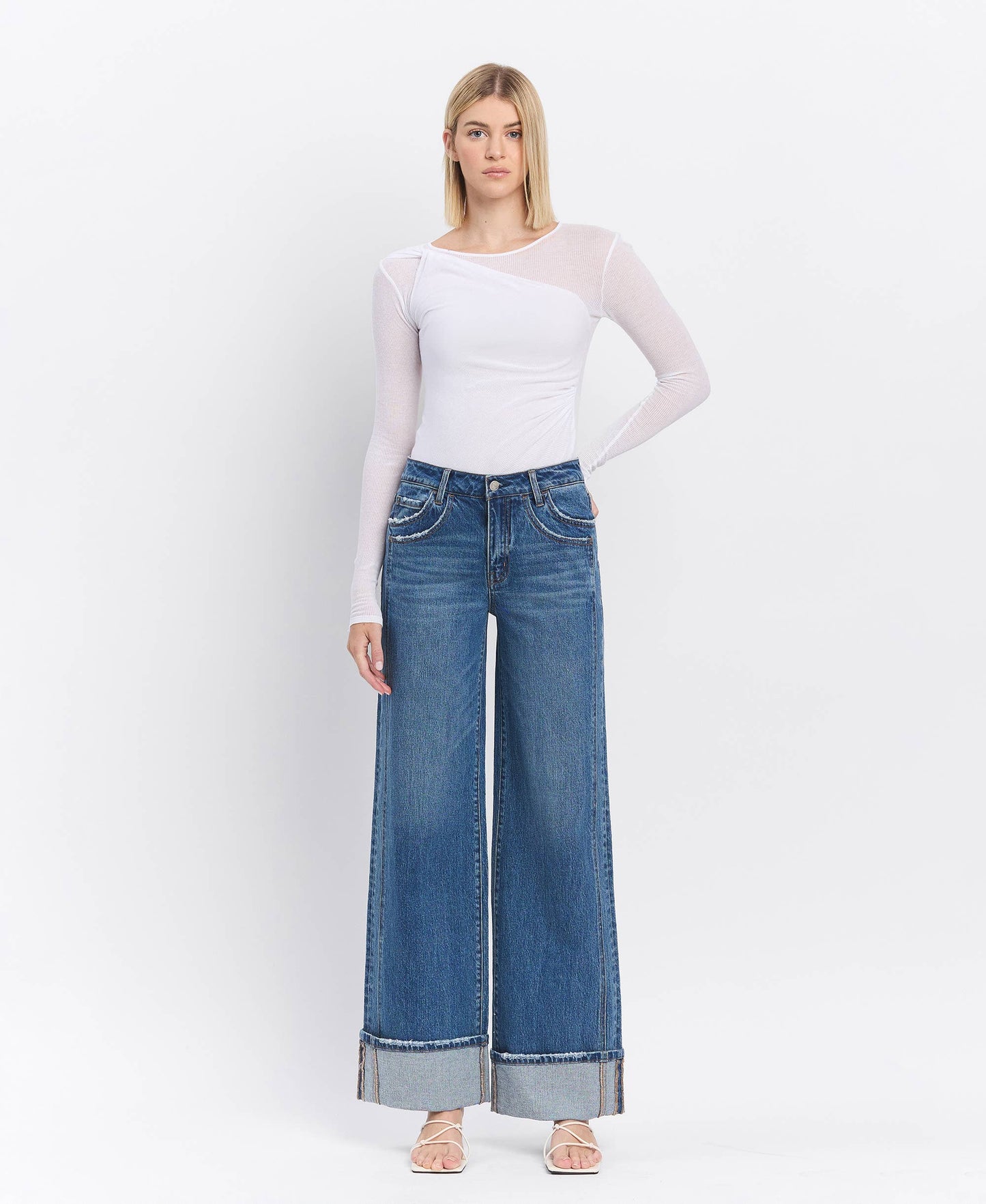 VERVET by FLYING MONKEY - HIGH RISE CUFFED PANEL BAGGY WIDE JEANS T6645
