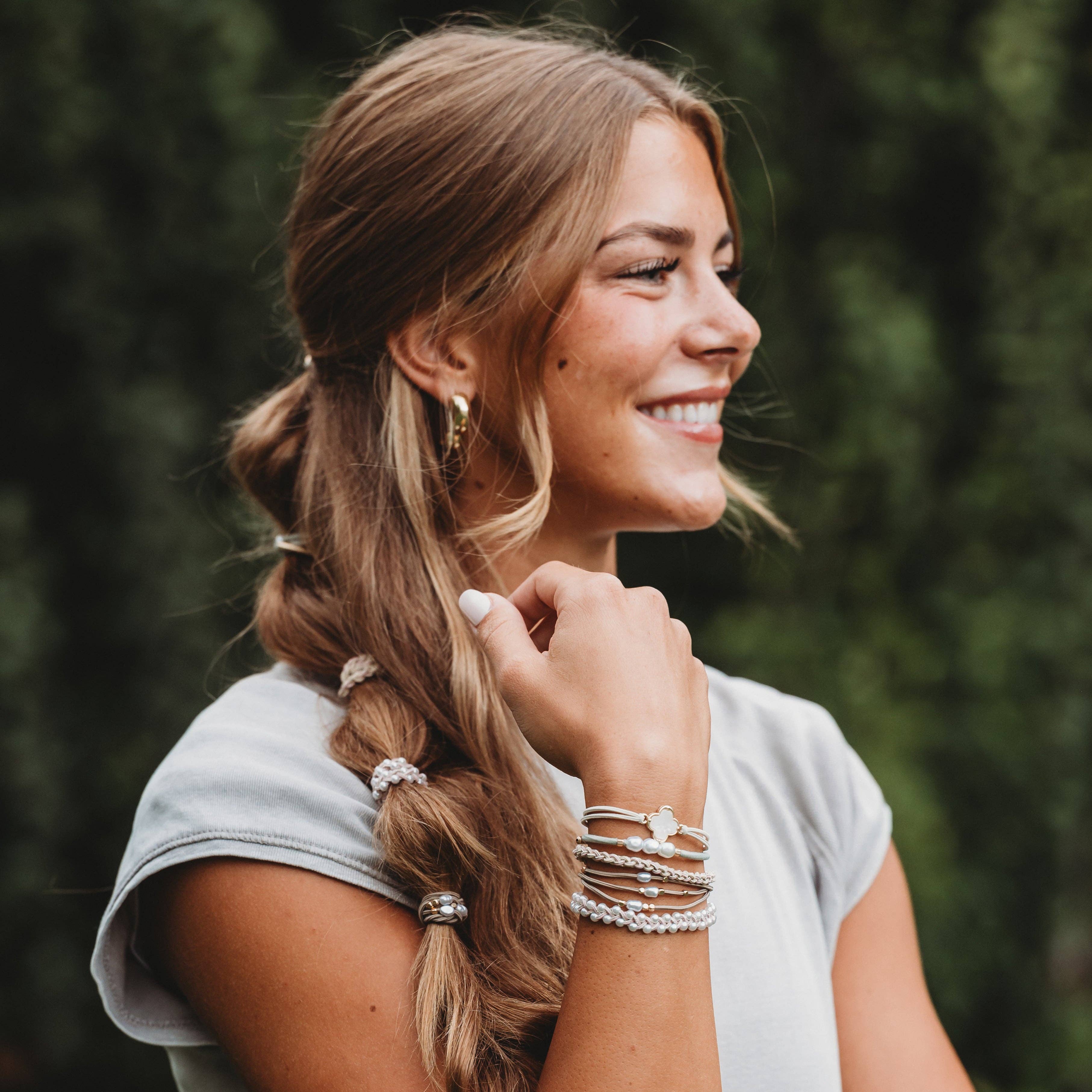 K'lani hair tie bracelets - "Glimmer" Soft Pinks with Pearl and Gold Accent Hair Tie Bracelets