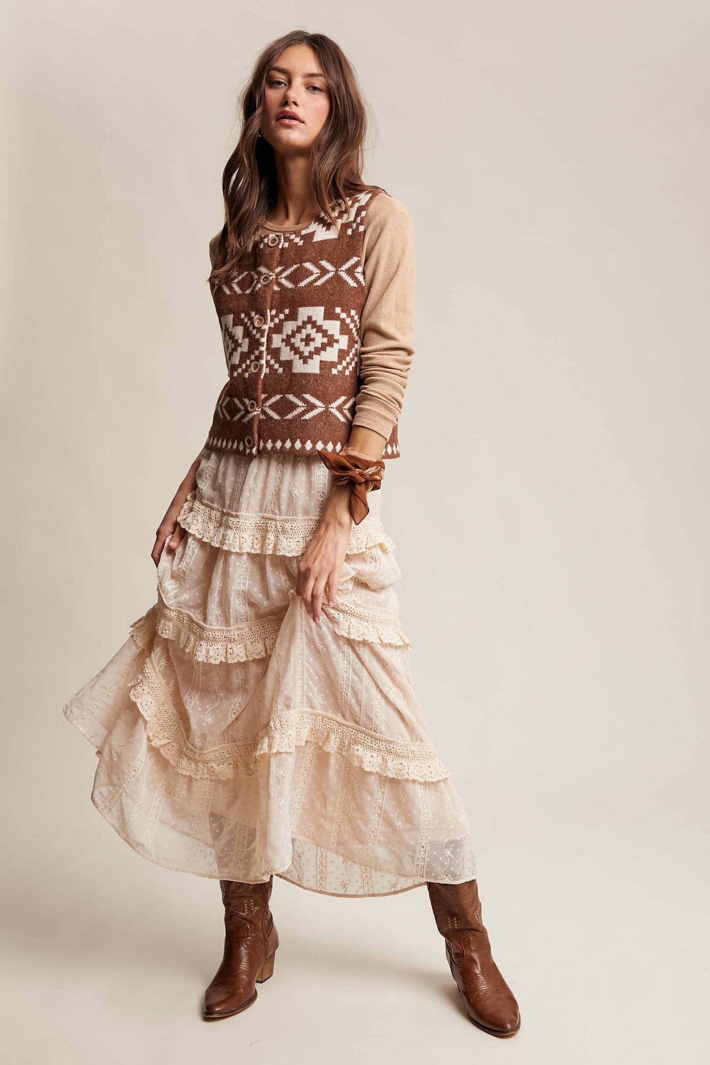 Listicle - Southwestern Button-Up Wool Vest: Amber Brown / M