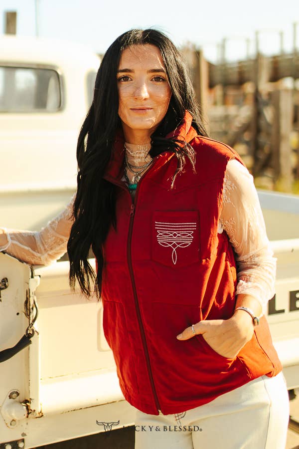 Wine Puffer W Aztec Lining Boot Stitch Detail Vest
