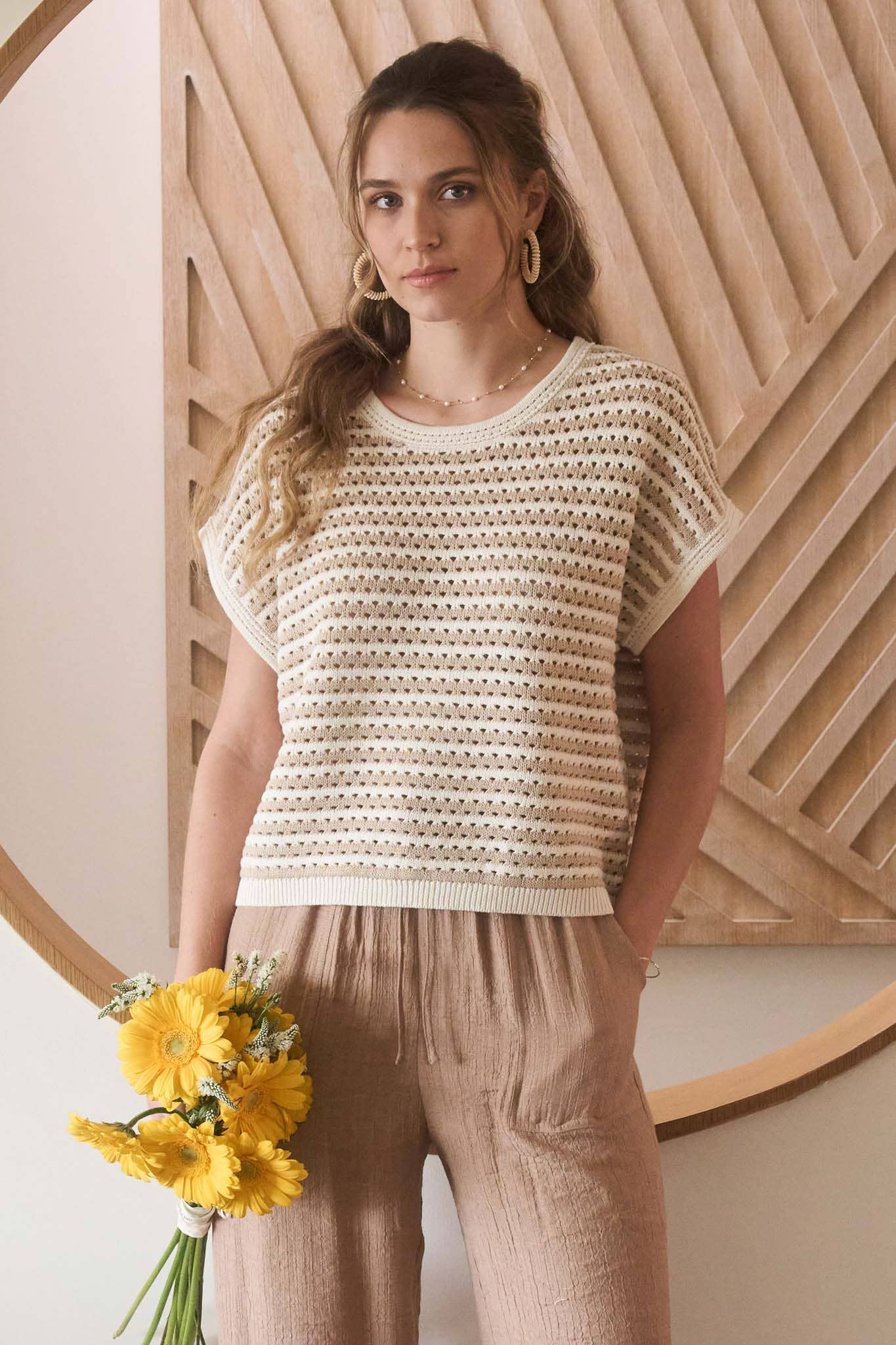 STRIPE CROCHET KNIT BATWING SHORT SLEEVE SWEATER T: KHAKI