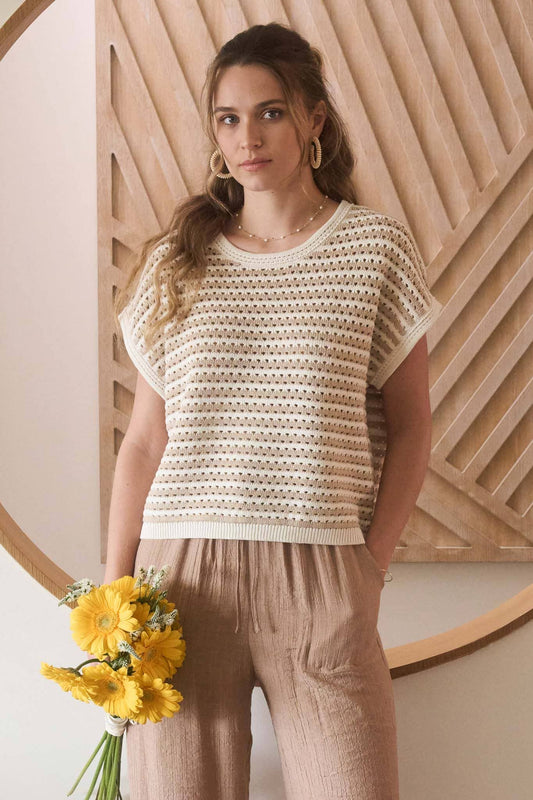 STRIPE CROCHET KNIT BATWING SHORT SLEEVE SWEATER T: KHAKI