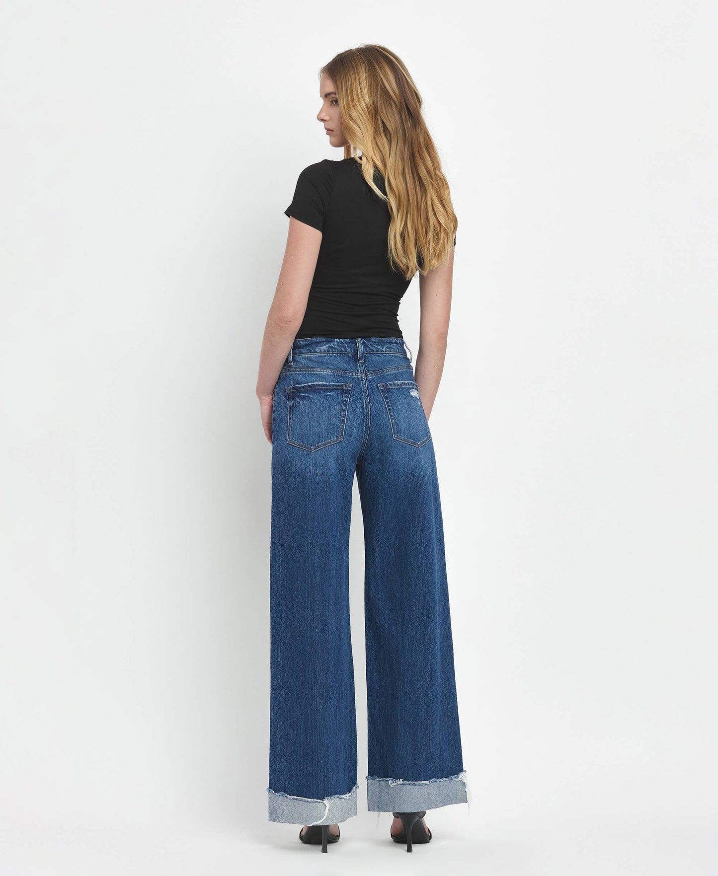 VERVET by FLYING MONKEY - SUPER HIGH RISE CUFFED BAGGY WIDE LEG JEANS T6614
