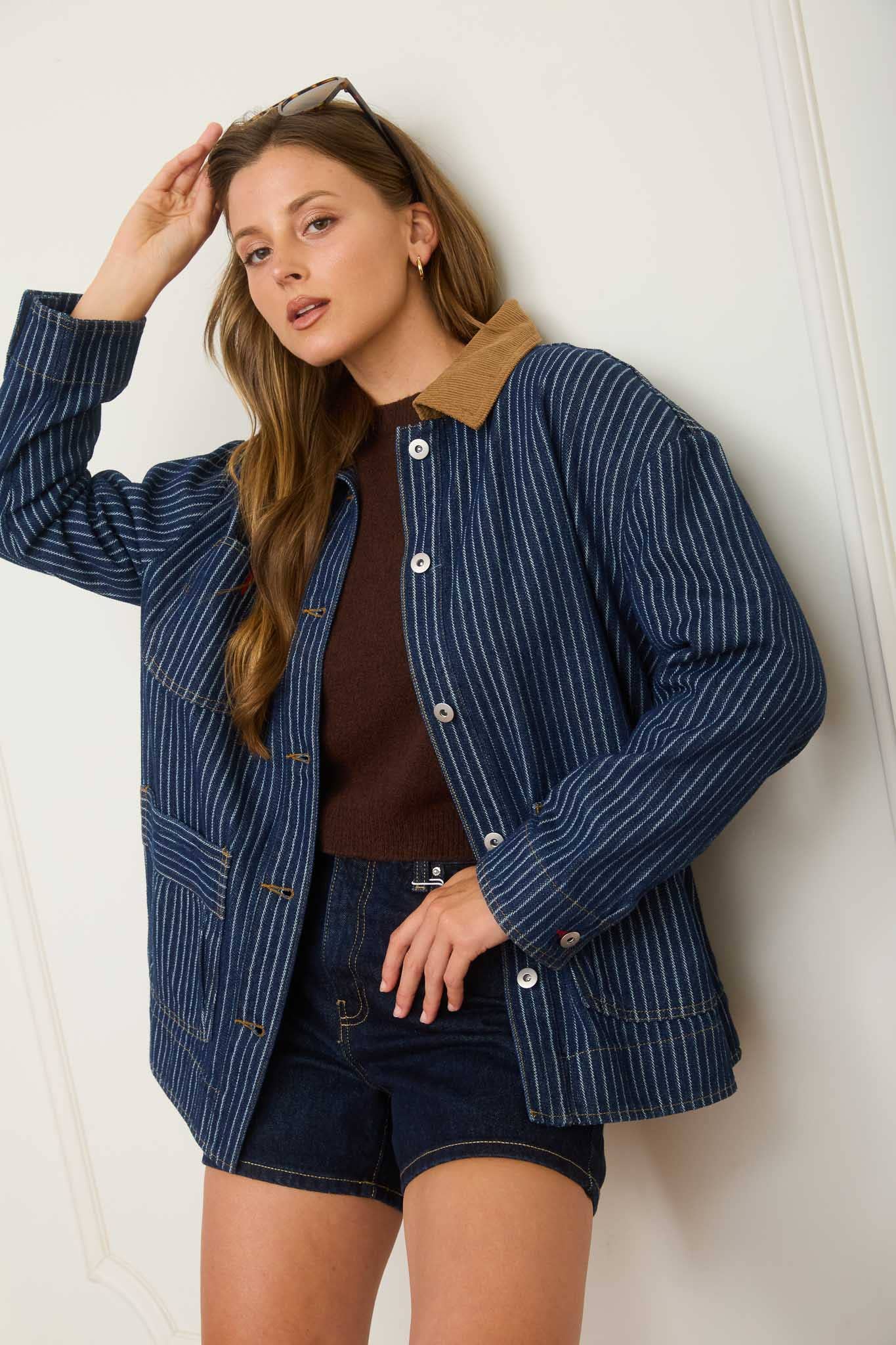 STRIPE CORDUROY COLLAR DENIM SHACKET