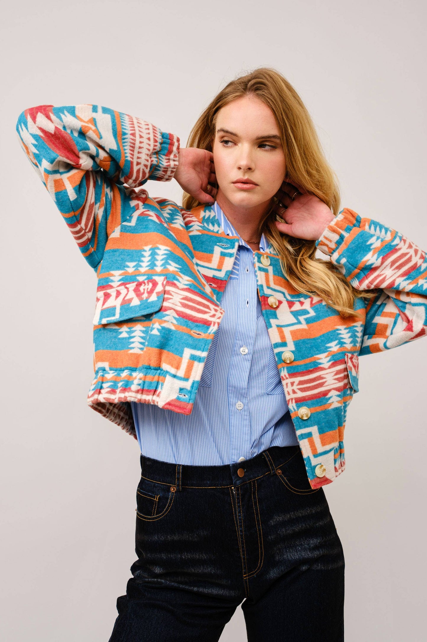 Jacquard Aztec Snap Up Bomber Jacket: