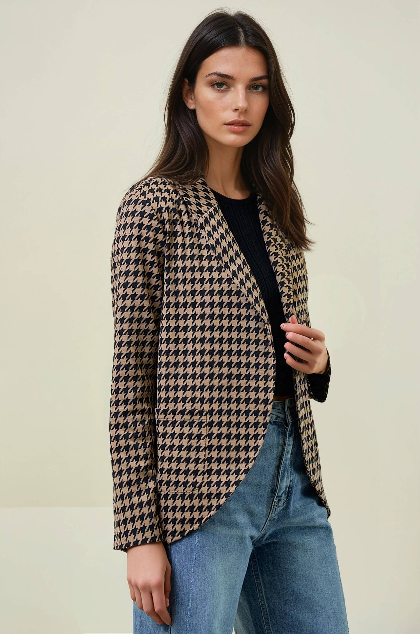 Doe and Rae - HOUNDSTOOTH JACQUARD SHAWL NECK BLAZER JACKET - 10706J: MOCHA/BLACK / S
