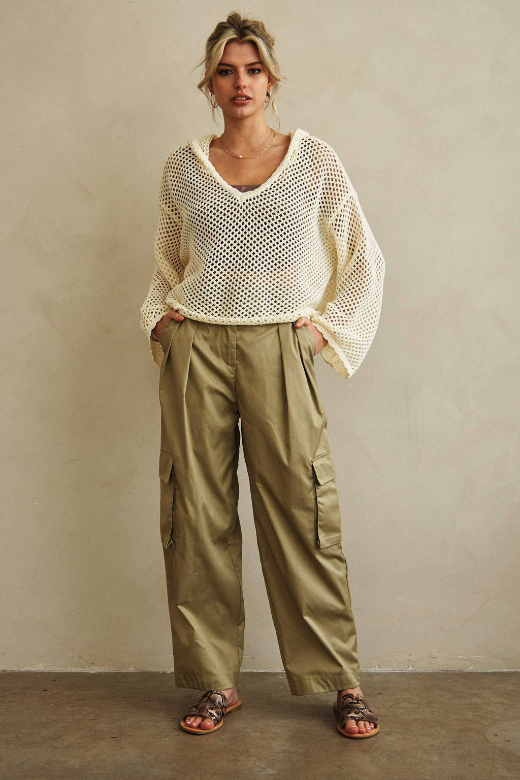 Hooded Wide V Neck Crochet Sweater