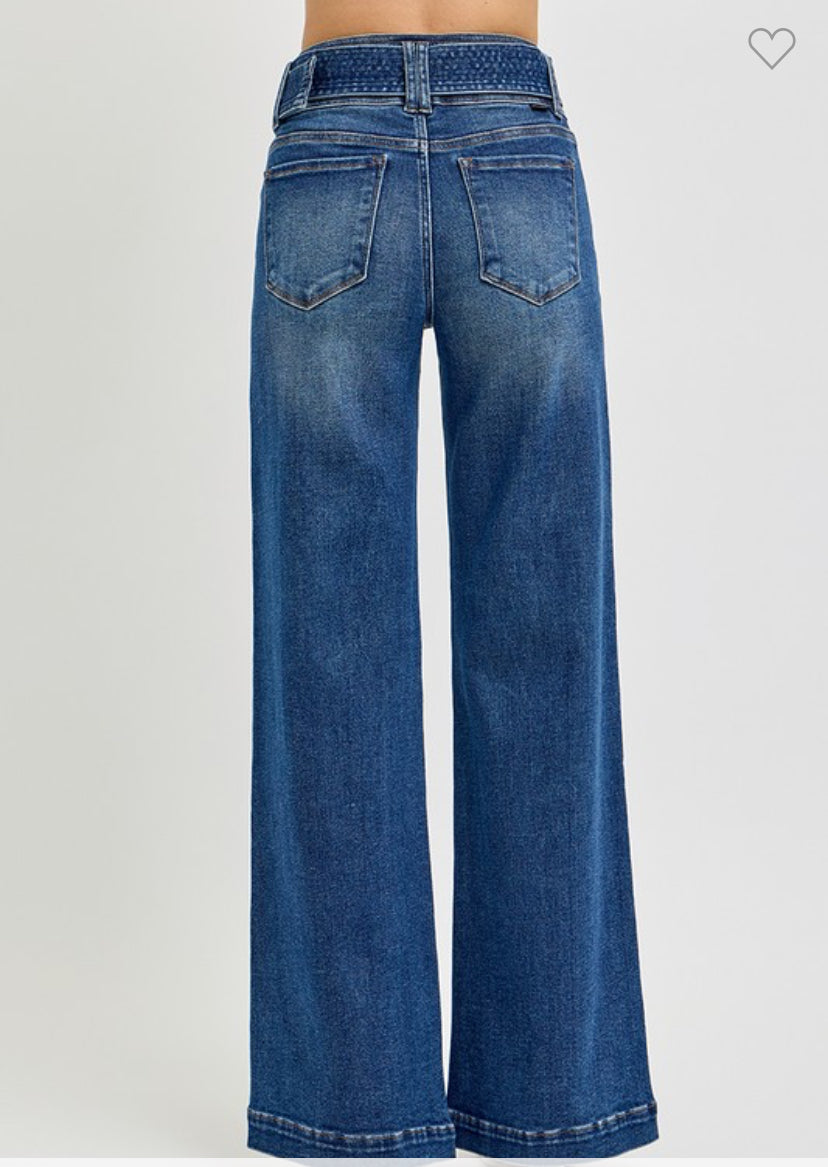 Tummy Control High Rise Wide Leg Self Belted Jeans