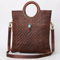 Handwoven Western Leather Tote Bag with Turquoise Stone Accent