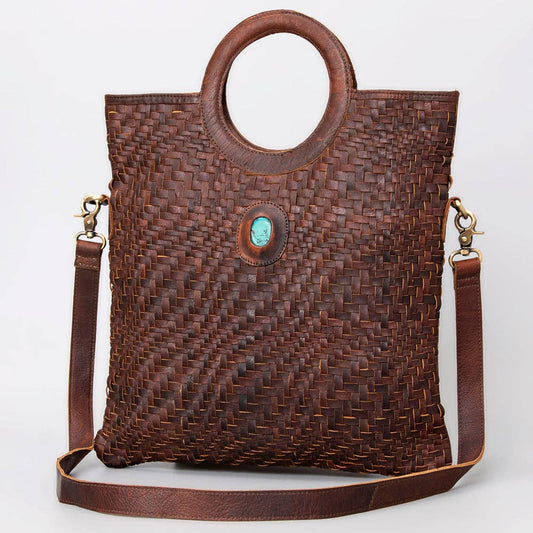 Handwoven Western Leather Tote Bag with Turquoise Stone Accent